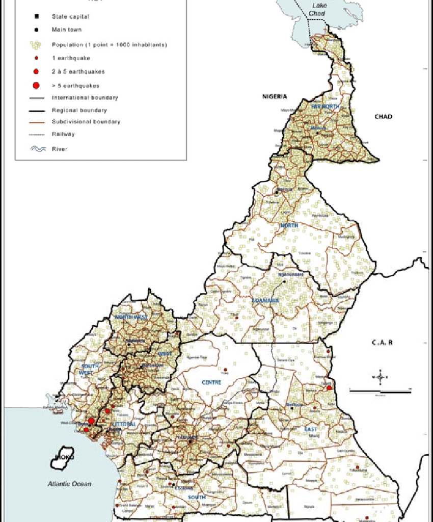 seismic dissemination and population distribution in Cameroon 2012.png